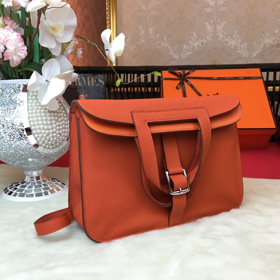 Hermes Halzan 31 Handbag Shoulder Bag In Feu Orange Clemence Leather